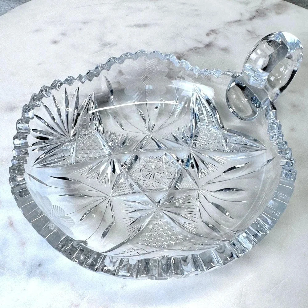 Antique American Brilliant Cut Glass‎ Handled Nappy Floral 7